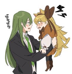 Rule 34 | 1boy, 1girl, anger vein, animal ears, blonde hair, bow, bowtie, brown bow, brown bowtie, brown capelet, brown hairband, brown skirt, capelet, carrying, carrying person, cat ears, cat girl, cat tail, collared shirt, green necktie, hair bow, hairband, highres, lobotomy corporation, long hair, long sleeves, looking to the side, mu46016419, necktie, netzach (project moon), project moon, puffy long sleeves, puffy sleeves, shirt, sidelocks, simple background, skirt, sweat, tail, tiphereth a (project moon), very long hair, white background, white shirt