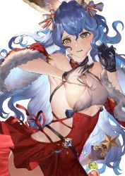 Rule 34 | 1girl, absurdres, animal ears, aochoku, armpits, black gloves, blue eyes, blue hair, blush, bow, breasts, covered navel, dress, ferry (granblue fantasy), gloves, granblue fantasy, hair bow, hair ribbon, hand in own hair, highres, long hair, looking at another, parted lips, red dress, ribbon, self exposure, small breasts, solo, thighs, very long hair, white background