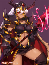 Rule 34 | 1girl, armor, boots, cape, collar, collarbone, copyright name, dark-skinned female, dark skin, gauntlets, helmet, heterochromia, holding, horns, junketsu duelion, long hair, looking at viewer, midriff, navel, pauldrons, polearm, red eyes, shoulder armor, simple background, skirt, solo, spear, standing, thigh boots, thighhighs, thighs, translated, weapon, white hair, yangsion, yellow eyes
