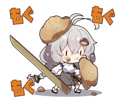 Rule 34 | 1girl, antenna hair, blush, braid, breasts, closed mouth, commentary request, eating, food, food on face, full body, grey hair, grey skirt, hair between eyes, highres, kizuna akari, large breasts, long hair, long sleeves, milkpanda, motion lines, shirt, shoes, simple background, skirt, solo, suspender skirt, suspenders, translation request, twin braids, voiceroid, wagashi, white background, white footwear, white shirt