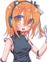 Rule 34 | 1girl, a.i. voice, absurdres, adachi rei, android, bare shoulders, black shirt, breasts, cable, commentary request, fang, hair ribbon, hand up, headlamp, headphones, highres, joints, looking at viewer, medium breasts, medium hair, mekziro, one side up, open mouth, orange eyes, orange hair, radio antenna, ribbon, robot joints, seams, shirt, simple background, skin fang, sleeveless, sleeveless turtleneck, smile, solo, turtleneck, upper body, utau, white background, white ribbon