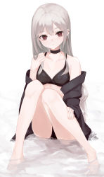 Rule 34 | 1girl, bare legs, barefoot, bikini, black bikini, black choker, black jacket, breasts, brown eyes, choker, closed mouth, collarbone, commentary, ear piercing, eyebrows hidden by hair, grey hair, highres, jacket, knees together feet apart, knees up, long hair, long sleeves, looking at viewer, off shoulder, ogami ren, open clothes, open jacket, original, piercing, shallow water, sitting, small breasts, solo, swimsuit, symbol-only commentary, very long hair, water, white background