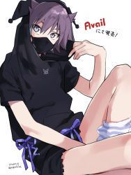 Rule 34 | 1boy, bare arms, bare legs, black hoodie, black mask, black shorts, bow, commentary request, covered mouth, dated, english text, grey eyes, hand up, highres, hiiragi jun, hood, hood up, hoodie, knee up, kuromi, looking at viewer, loose socks, male focus, mask, mouth mask, multicolored hair, onegai my melody, potti-p, purple bow, purple hair, purple legwear, sanrio, short hair, short sleeves, shorts, simple background, sitting, socks, solo, streaked hair, striped clothes, striped legwear, striped socks, translation request, twitter username, white background, white legwear