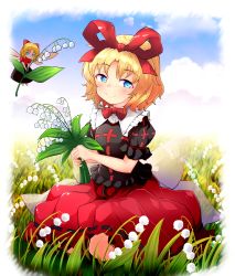 Rule 34 | 2girls, black shirt, blonde hair, blue eyes, blue sky, blurry, blurry background, bouquet, bow, bowtie, cloud, commentary request, day, depth of field, fairy wings, flower, flying, frilled shirt collar, frills, grass, hair ribbon, head tilt, highres, holding, holding bouquet, lily of the valley, looking at viewer, medicine melancholy, multiple girls, outdoors, parted bangs, pechimaru, puffy short sleeves, puffy sleeves, red neckwear, red skirt, ribbon, shirt, short hair, short sleeves, sitting, skirt, sky, smile, su-san, touhou, wariza, wings