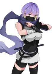 Rule 34 | 1girl, absurdres, bandaged arm, bandages, black gloves, black shorts, black thighhighs, blonde hair, breasts, colored inner hair, cowboy shot, crescent, gloves, highres, hitozche, holding, holding weapon, hololive, hololive indonesia, kunai, looking at viewer, mask, medium breasts, moona hoshinova, mouth mask, multicolored hair, ninja, purple hair, purple scarf, salute, scarf, sheath, shirt, short hair, shorts, simple background, skirt, sleeveless, sleeveless shirt, solo, thighhighs, two-finger salute, virtual youtuber, watermark, weapon, white background, white skirt, yellow eyes