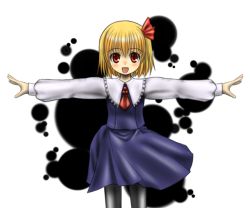 Rule 34 | 1girl, blonde hair, darkness, embodiment of scarlet devil, female focus, five-seven (0verlimits), outstretched arms, pantyhose, red eyes, ribbon, rumia, short hair, skirt, solo, spread arms, touhou, white background