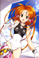 Rule 34 | 1girl, absurdres, ahoge, armor, bare shoulders, breasts, cameltoe, choker, cloud, copyright request, covered erect nipples, day, facial mark, female focus, forehead mark, gloves, headset, highres, long hair, one-piece swimsuit, open mouth, orange hair, outdoors, outstretched arm, outstretched hand, reaching, red eyes, school swimsuit, sky, small breasts, solo, swimsuit, swimsuit costume, thigh gap, thighs, urushihara satoshi, very long hair
