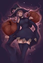Rule 34 | 00s, 1girl, aura, black thighhighs, blair (soul eater), breasts, clenched hands, cowboy shot, curly hair, detached sleeves, hat, jasmin darnell, large breasts, pumpkin, purple hair, solo, soul eater, thighhighs, wide sleeves, witch hat, yellow eyes