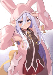 Rule 34 | 1girl, :o, animal ears, animal hood, armpits, arms up, blush, bow, brown shirt, collared shirt, commentary request, cowboy shot, detached sleeves, drawstring, eyes visible through hair, fake animal ears, grey hair, hair between eyes, highres, hood, hood up, jacket, long hair, looking at viewer, mahcdai, open clothes, open jacket, original, pink jacket, pleated skirt, purple eyes, rabbit ears, rabbit hood, red skirt, shirt, sidelocks, skirt, sleeveless, sleeveless jacket, solo, wide sleeves, yellow bow