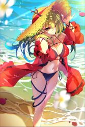 Rule 34 | 1girl, alternate costume, bikini, branch, breasts, ceres fauna, curly hair, feet out of frame, green hair, hat, highres, hololive, hololive english, large breasts, long hair, mole, mole under eye, navel, ocean, red shirt, shirt, straw hat, swimsuit, the0neulost, virtual youtuber, water, yellow eyes