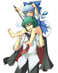 Rule 34 | 2girls, ^^^, aged up, androgynous, antenna grab, antennae, barefoot, beihan, blue hair, bow, cape, carrying, child, cirno, closed eyes, feet, female focus, green hair, hair bow, happy, kokka han, multiple girls, necktie, open collar, piggyback, reverse trap, ribbon, short hair, shoulder carry, simple background, sweatdrop, tears, touhou, wings, wriggle nightbug