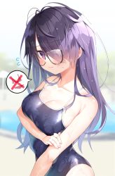 Rule 34 | 1girl, arm under breasts, bare shoulders, blue one-piece swimsuit, blurry, blurry background, blush, breasts, chihiro (khorosho), closed mouth, collarbone, commentary request, competition school swimsuit, eyes visible through hair, flying sweatdrops, glasses, glasses over hair, hair over one eye, holding own arm, large breasts, long hair, looking at viewer, one-piece swimsuit, original, pool, purple eyes, purple hair, school swimsuit, semi-rimless eyewear, solo, spoken clothes, standing, swimsuit, upper body, wet, wet clothes, wet swimsuit