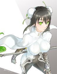 Rule 34 | 1girl, absurdres, black hair, bodysuit, bracer, breasts, capelet, covered navel, double bun, fate/grand order, fate (series), fingerless gloves, gloves, green eyes, highres, holding, holding weapon, looking at viewer, mitsurugi sugar, parted lips, qin liangyu (fate), solo, weapon