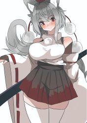 Rule 34 | 1girl, absurdres, animal ears, bad id, bad twitter id, bare shoulders, black skirt, breasts, closed mouth, cowboy shot, detached sleeves, grey hair, hat, high-waist skirt, highres, inubashiri momiji, large breasts, looking at viewer, pom pom (clothes), red eyes, red hat, regua, ribbon-trimmed sleeves, ribbon trim, short hair, simple background, skirt, smile, solo, standing, sword, sword behind back, tail, thighhighs, tokin hat, touhou, weapon, white background, white thighhighs, wide sleeves, wolf ears, wolf girl, wolf tail