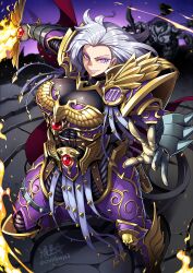 1girl aquila_(symbol) armor bird breasts cleavage decapitation eagle emperor&#039;s_children flaming_sword flaming_weapon fulgrim full_armor gauntlets genderswap genderswap_(mtf) highres holding holding_sword holding_weapon imperial_aquila large_breasts long_hair looking_at_viewer mole mole_under_eye ornate_armor pelvic_curtain power_armor power_sword primarch purple_armor purple_eyes ryuusei_(mark_ii) slashing smug solo sword warhammer_40k weapon white_hair