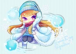 Rule 34 | 1girl, alternate costume, black pantyhose, blonde hair, boots, brown hair, character name, chibi, coat, dress, earmuffs, floating, floating object, hat, headphones, knee boots, league of legends, long hair, long sleeves, looking at viewer, mizoreame, open clothes, open coat, pantyhose, pom pom (clothes), purple eyes, scarf, shadow, short dress, sidelocks, sleeves past wrists, snow, snow day syndra, snowball, snowflakes, solo, standing, striped, sweater, sweater dress, syndra, vertical stripes, very long hair, watermark, web address, winter clothes, winter coat