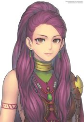 Rule 34 | 1girl, arm tattoo, armor, artist name, braid, breasts, brown eyes, commentary, commission, covered collarbone, earrings, fire emblem, fire emblem: three houses, gofelem, jewelry, looking at viewer, necklace, nintendo, petra macneary, ponytail, purple hair, shoulder armor, simple background, smile, solo, tattoo, upper body, watermark, white background