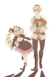 Rule 34 | 1boy, 1girl, ai-wa, basket, black footwear, blonde hair, boots, bow, bridal gauntlets, brother and sister, brown footwear, cross-laced footwear, dress, elise (fire emblem), fire emblem, fire emblem fates, hair bow, highres, knee boots, lace-up boots, leo (fire emblem), multicolored hair, nintendo, open mouth, purple eyes, red eyes, siblings, smile, streaked hair, tomato, twintails, walking