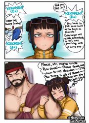 Rule 34 | 1boy, 2girls, arm hug, ass, breasts, brown hair, capcom, chinese clothes, chun-li, closed eyes, english text, from side, glasses, hershuar, hug, humor, large breasts, li-fen, multiple girls, muscular, muscular male, nervous, open mouth, ryu (street fighter), sideboob, street fighter, street fighter 6, sweat, nervous sweating, tears