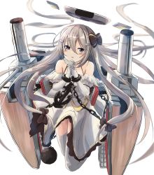 Rule 34 | 1girl, azur lane, bare shoulders, black bow, blue eyes, bow, chain, commentary request, detached sleeves, doran (dorannomai), fortune (azur lane), fortune (retrofit) (azur lane), gloves, grey hair, hair between eyes, hair bow, halo, highres, long hair, looking at viewer, mechanical halo, simple background, very long hair, white background, white gloves