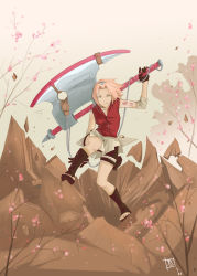 Rule 34 | 1girl, arm warmers, axe, bandages, bare shoulders, bike shorts, black footwear, black gloves, boots, branch, cherry blossoms, collarbone, full body, gloves, green eyes, haruno sakura, headband, headdress, holding, holding weapon, holster, huge weapon, japanese text, knee boots, konohagakure symbol, looking at viewer, miniskirt, name connection, naruto (series), naruto shippuuden, non-web source, object namesake, outdoors, pink hair, red shirt, rozefire, shirt, shoes, short hair, shorts, shorts under skirt, side slit, skirt, sleeveless, sleeveless shirt, smile, smirk, solo, spandex, standing, text focus, thigh holster, thigh strap, toeless footwear, translation request, weapon, white skirt, zipper