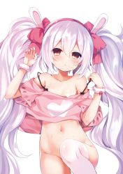 Rule 34 | 1girl, animal ears, arms up, azur lane, bare shoulders, bottomless, bow, censored, censored nipples, clothes pull, commentary request, convenient censoring, convenient leg, cowboy shot, crop top, flat chest, fummy, groin, hair bow, hairband, heart, heart censor, knee up, laffey (azur lane), leg up, long hair, lying, navel, off shoulder, on back, pink hair, pink shirt, pulled by self, rabbit ears, red eyes, ribbon, shirt, shirt pull, solo, thighhighs, twintails, upper body, very long hair, white thighhighs