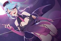 Rule 34 | 1girl, animal ears, black thighhighs, blue eyes, blue hair, breasts, cleavage, cleavage cutout, clothing cutout, demon girl, demon wings, fang, fishnet thighhighs, fishnets, garter straps, hat, heart, heart-shaped pupils, highres, large breasts, licking lips, looking at viewer, nail polish, nanoless, naughty face, nurse, nurse cap, seductive smile, silvervale, silvervale (nurse), smile, solo, symbol-shaped pupils, thick thighs, thighhighs, thighs, tongue, tongue out, virtual youtuber, vshojo, wings, wolf ears, wolf girl