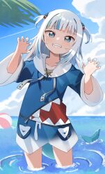Rule 34 | 1girl, ball, beachball, blue eyes, blue hair, blue jacket, blue nails, blue sky, blunt bangs, claw pose, cloud, contrail, fins, fish tail, gawr gura, gawr gura (1st costume), grin, hair ornament, haru (konomi 150), highres, hololive, hololive english, jacket, leaning to the side, long sleeves, looking at viewer, multicolored hair, nail polish, shark tail, sharp teeth, sky, smile, solo, streaked hair, tail, teeth, two-tone hair, two side up, virtual youtuber, wading, water, white hair, wide sleeves