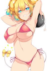 Rule 34 | + +, 1girl, absurdres, aqua hair, armpits, arms behind head, arms up, bikini, blonde hair, blue eyes, bomb, bombergirl, bow, breasts, commentary, cowboy shot, explosive, grin, half-closed eyes, halterneck, highres, large breasts, mouse tail, multicolored hair, navel, pine (bombergirl), red bikini, short hair, side-tie bikini bottom, simple background, skindentation, smile, solo, streaked hair, string bikini, swimsuit, tail, tail bow, tail ornament, tsukasawa takamatsu, underboob, white background, yellow bow