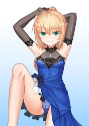 Rule 34 | 1girl, absurdres, armpits, arms up, artoria pendragon (all), artoria pendragon (fate), blonde hair, blue dress, blue panties, breasts, cleavage, dress, elbow gloves, fate/grand order, fate (series), gloves, gradient background, green eyes, happycloud, highres, long hair, official alternate costume, panties, ponytail, saber (fate), saber (lapis lazuli dress) (fate), see-through, see-through cleavage, small breasts, smile, solo, underwear