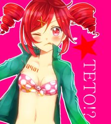 Rule 34 | 1girl, ;q, ahoge, breasts, cleavage, drill hair, hair ornament, hairclip, jacket, kasane teto, navel, one eye closed, oyamano mayo, red eyes, red hair, solo, tongue, tongue out, twin drills, twintails, utau, vocaloid, wink