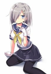 Rule 34 | 10s, 1girl, 501092-taka, black pantyhose, blouse, blue eyes, breasts, buttons, gloves, hair ornament, hair over one eye, hairclip, hamakaze (kancolle), kantai collection, large breasts, neckerchief, pantyhose, pleated skirt, school uniform, serafuku, shirt, short hair, silver hair, simple background, skirt, solo, white background, white gloves, white shirt, yellow neckerchief