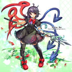 Rule 34 | 1girl, asymmetrical wings, black dress, black hair, black thighhighs, bow, character name, dress, english text, gradient background, houjuu nue, looking at viewer, petals, polearm, puffy short sleeves, puffy sleeves, red eyes, red footwear, shoes, short sleeves, signature, snake, solo, thighhighs, touhou, trident, umigarasu (kitsune1963), weapon, wings, zettai ryouiki