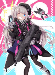 Rule 34 | 1girl, absurdres, assault rifle, automatic rifle, backpack, bag, battle rifle, beret, black headwear, black pantyhose, blue eyes, boots, bullpup, carbine, cellphone, commentary request, desert tech mdr, dinergate (girls&#039; frontline), drone, flip phone, girls&#039; frontline, glint, gloves, grey gloves, grey hair, grin, gun, harada (sansei rain), hat, highres, holding, holding gun, holding phone, holding weapon, holster, long hair, long sleeves, looking at viewer, mdr (girls&#039; frontline), multicolored background, multicolored hair, one eye closed, one side up, pantyhose, phone, pom pom (clothes), rifle, side ponytail, smile, solo focus, streaked hair, tactical clothes, thigh holster, unmanned aerial vehicle, weapon