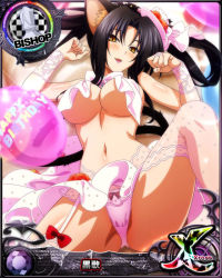 Rule 34 | 1girl, animal ear fluff, animal ears, bishop (chess), black hair, bow, bow panties, breasts, card (medium), cat ears, cat girl, cat tail, chess piece, female focus, garter straps, high school dxd, kuroka (high school dxd), large breasts, looking at viewer, navel, official art, panties, parted lips, paw pose, slit pupils, smile, solo, tail, underboob, underwear, yellow eyes