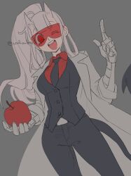 Rule 34 | 1girl, ;d, black necktie, black vest, breasts, collared shirt, demon girl, demon horns, demon tail, flat color, food, fruit, goggles, grey background, hand up, helltaker, highres, holding, holding food, holding fruit, horns, index finger raised, lab coat, large breasts, long hair, looking at viewer, loremaster (helltaker), mechanical arms, necktie, noah (tettsui-sole), one eye closed, open mouth, pants, ponytail, red-tinted eyewear, red eyes, red shirt, shirt, simple background, smile, solo, tail, teeth, tinted eyewear, unfinished, upper teeth only, vest, white hair