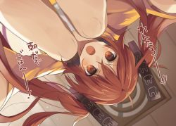 Rule 34 | 10s, 1girl, aihara enju, black bullet, blush, brown eyes, brown hair, long hair, looking at viewer, mishima kurone, open mouth, solo, squatting, translation request, upside-down