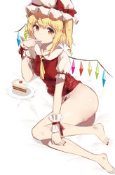 Rule 34 | 1girl, :/, absurdres, blonde hair, blush, brown eyes, cake, cake slice, commentary request, crystal, feet, flandre scarlet, food, hair between eyes, hat, highres, jsscj, looking at viewer, lying, mob cap, on side, one side up, simple background, solo, toes, touhou, white background, white hat, wings