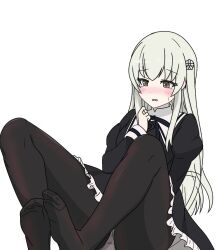 Rule 34 | 1girl, assault lily, black pantyhose, black ribbon, black skirt, blush, egawa kusumi, feet out of frame, feet up, flower, frilled skirt, frills, grey hair, hair flower, hair ornament, hand on own chest, hand up, jewelry, juliet sleeves, kimassi, knees apart feet together, knees up, long hair, long sleeves, looking ahead, miniskirt, neck ribbon, no shoes, nose blush, panties, panties under pantyhose, pantyhose, parted lips, puffy sleeves, raised eyebrows, ribbon, ring, school uniform, sidelocks, simple background, sitting, skirt, solo, sweatdrop, underwear, white background, white panties, yurigaoka girls academy school uniform
