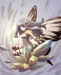 Rule 34 | 1girl, aerie (bravely default), bare shoulders, bravely default: flying fairy, bravely default (series), butterfly wings, chagara, crystal, dress, fairy, grey eyes, grey hair, highres, insect wings, long hair, pointy ears, short dress, smile, solo, strapless, strapless dress, thigh strap, white dress, wings