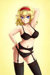 Rule 34 | 1girl, alice margatroid, arm up, armpits, arms behind head, black panties, black thighhighs, blonde hair, blue eyes, bra, breasts, contrapposto, garter belt, garter straps, hairband, hand on own hip, highres, lace, lace-trimmed bra, lace-trimmed legwear, lace-trimmed panties, lace trim, lingerie, lolita hairband, mazume, navel, panties, short hair, simple background, small breasts, solo, standing, thighhighs, touhou, underwear, underwear only, yellow background