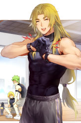 Rule 34 | 3boys, ^ ^, achilles (fate), bad id, bad pixiv id, blonde hair, changye, chiron (fate), closed eyes, cracking knuckles, fate/grand order, fate (series), green hair, gym, gym shorts, jason (fate), letterboxed, long hair, low-tied long hair, male focus, multiple boys, muscular, muscular male, outside border, shirt, shorts, sleeveless, sleeveless turtleneck, solo focus, tight clothes, tight shirt, turtleneck