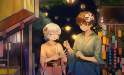 Rule 34 | 1boy, 1girl, :d, absurdres, bad id, bad pixiv id, brown hair, closed eyes, fireworks, flower, hair flower, hair ornament, henibeul, highres, japanese clothes, kimono, mask, mask on head, night, open mouth, original, outdoors, red eyes, short hair, smile, sparkler, summer festival, tanzaku, white hair, wide sleeves