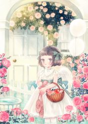 Rule 34 | 1girl, apple, balloon, basket, blush, bow, brown hair, commentary request, door, dress, expressionless, feathered wings, flower, food, fruit, green bow, green eyes, hair bow, highres, holding, holding shoes, looking at viewer, original, pink flower, pink footwear, rose, shoes, unworn shoes, short hair, short sleeves, solo, standing, wading, water, white dress, white wings, window, wings, yujup