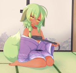 Rule 34 | 1girl, animal collar, animal ears, bare shoulders, barefoot, blush, braid, breasts, budget sarashi, closed mouth, collar, collarbone, commentary request, dark-skinned female, dark skin, dog ears, dog girl, dog tail, done (donezumi), ears down, green hair, hair between eyes, head tilt, highres, indoors, japanese clothes, kimono, large tail, long hair, long sleeves, looking at viewer, off shoulder, on floor, open clothes, open kimono, orange eyes, original, purple kimono, red collar, sarashi, sitting, sliding doors, small breasts, solo, tail, tatami, titi-chan (nezumi inu), wariza, wide sleeves