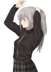 Rule 34 | 1girl, alternate hair length, aqua eyes, benbe, breasts, fate (series), gray (fate), grey hair, highres, jacket, long hair, lord el-melloi ii case files, ponytail, simple background, skirt, solo, white background