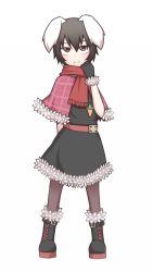 Rule 34 | 1girl, alternate color, animal ears, black gloves, black pantyhose, blush, boots, brown hair, capelet, carrot necklace, dress, gloves, inaba tewi, kuroba rapid, looking at viewer, necklace, pantyhose, rabbit ears, scarf, short hair, smile, smug, solo, touhou