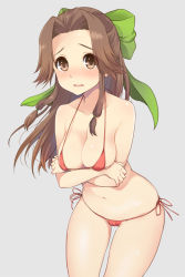 Rule 34 | 10s, 1girl, bikini, blush, bow, breasts, brown eyes, brown hair, cowboy shot, crossed arms, embarrassed, green bow, groin, hair bow, jintsuu (kancolle), kantai collection, large breasts, leaning forward, legs apart, long hair, looking at viewer, micro bikini, navel, open mouth, plum (arch), red bikini, red ribbon, ribbon, side-tie bikini bottom, sidelocks, simple background, solo, stomach, swimsuit, white background