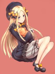 Rule 34 | 1girl, abigail williams (fate), achiv, bad id, bad pixiv id, black bow, black dress, black hat, blonde hair, bloomers, blue eyes, blush, bow, bug, butterfly, butterfly ornament, dress, fate/grand order, fate (series), forehead, hair ribbon, hat, highres, holding, holding stuffed toy, hugging object, insect, long hair, long sleeves, looking at viewer, mary janes, orange background, orange bow, parted bangs, polka dot, polka dot bow, puffy sleeves, ribbon, shoes, simple background, sleeves past fingers, sleeves past wrists, solo, stuffed animal, stuffed toy, teddy bear, underwear, white bloomers, witch hat