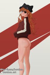 Rule 34 | 1girl, artist request, ass, ass focus, back, bare legs, blue eyes, blush, bottomless, breasts, brown hair, evangelion: 3.0 you can (not) redo, eyepatch, from behind, hat, highres, jacket, light blush, long hair, medium breasts, naked jacket, neon genesis evangelion, nude, orange hair, rebuild of evangelion, solo, souryuu asuka langley, standing, thigh gap, thighs, twintails